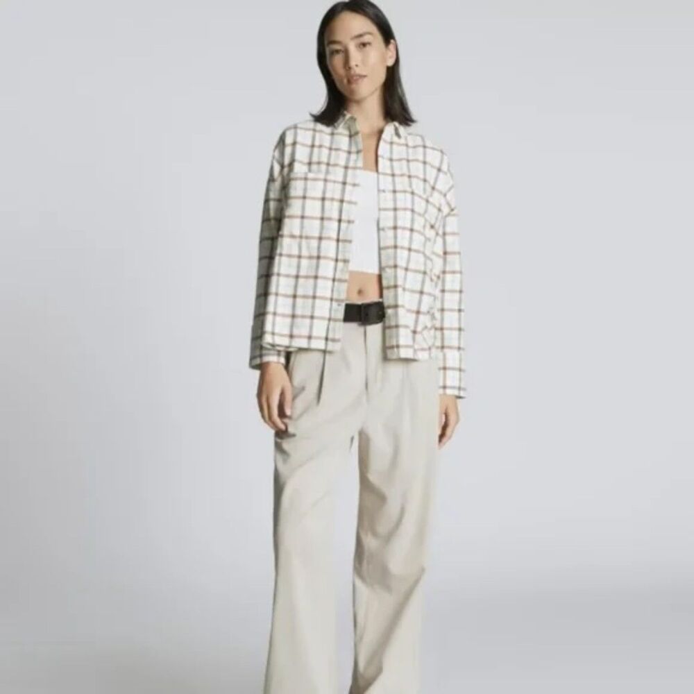Everlane Boxy Cotton Flannel in Seafoam/Tobacco Plaid